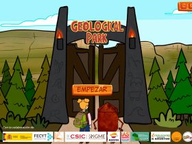 Ilustración a modo de pantalla de bienvenida del videojuego o recurso educativo titulado "Geological Park". En el centro, hay una gran puerta de piedra con antorchas encendidas a ambos lados y la inscripción "Geological Park" en letras rojas y amarillas. Delante de la puerta, una niña de espaldas con coletas, camisa rosa y mochila verde, acompañada de una figura geométrica de color marrón con brazos y piernas, se prepara para entrar. Sobre el botón central aparece la palabra "EMPEZAR" en letras grandes naranjas. El fondo muestra un paisaje con montañas y un bosque de coníferas. En la parte inferior hay logotipos de entidades colaboradoras como la Sociedad Geológica de España, FECYT, CSIC, IGME, Repsol y otros.