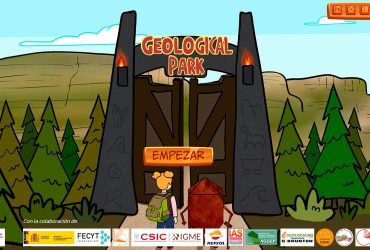 Ilustración a modo de pantalla de bienvenida del videojuego o recurso educativo titulado "Geological Park". En el centro, hay una gran puerta de piedra con antorchas encendidas a ambos lados y la inscripción "Geological Park" en letras rojas y amarillas. Delante de la puerta, una niña de espaldas con coletas, camisa rosa y mochila verde, acompañada de una figura geométrica de color marrón con brazos y piernas, se prepara para entrar. Sobre el botón central aparece la palabra "EMPEZAR" en letras grandes naranjas. El fondo muestra un paisaje con montañas y un bosque de coníferas. En la parte inferior hay logotipos de entidades colaboradoras como la Sociedad Geológica de España, FECYT, CSIC, IGME, Repsol y otros.