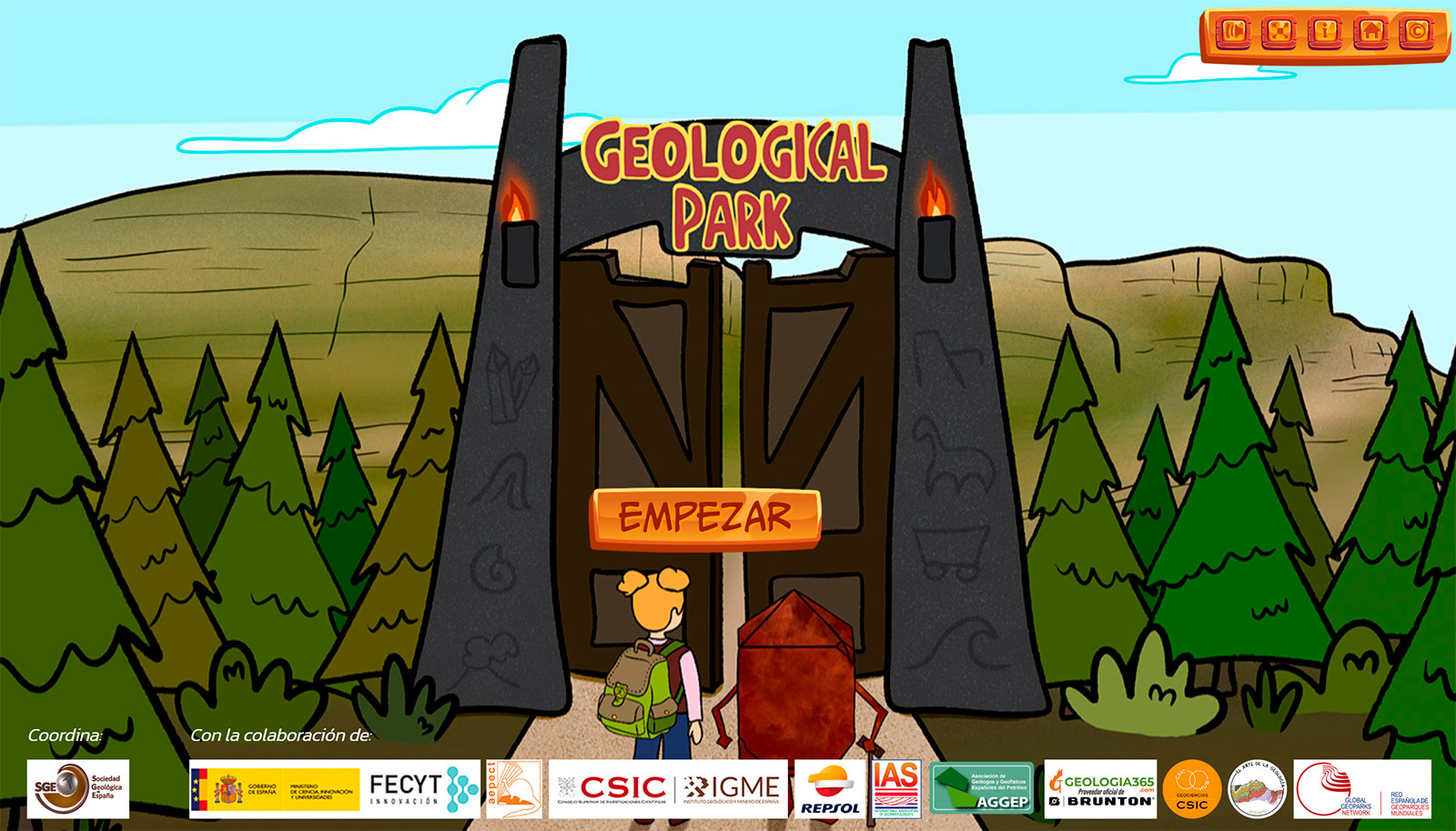 Ilustración a modo de pantalla de bienvenida del videojuego o recurso educativo titulado "Geological Park". En el centro, hay una gran puerta de piedra con antorchas encendidas a ambos lados y la inscripción "Geological Park" en letras rojas y amarillas. Delante de la puerta, una niña de espaldas con coletas, camisa rosa y mochila verde, acompañada de una figura geométrica de color marrón con brazos y piernas, se prepara para entrar. Sobre el botón central aparece la palabra "EMPEZAR" en letras grandes naranjas. El fondo muestra un paisaje con montañas y un bosque de coníferas. En la parte inferior hay logotipos de entidades colaboradoras como la Sociedad Geológica de España, FECYT, CSIC, IGME, Repsol y otros.